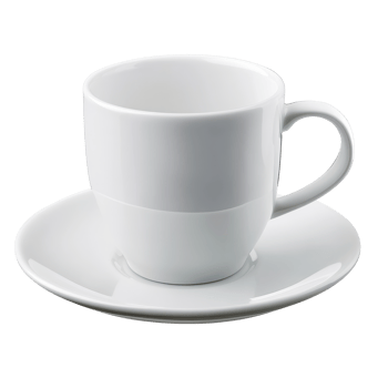 Simple white coffee cup on a saucer at a table png