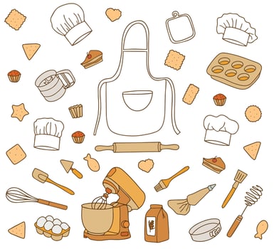 fashionable collection of baking accessories. Pastry chef set for cooking delicious pastries in doodle style on white background. . illustration vector