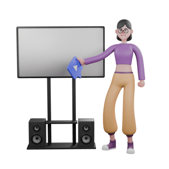 Dance Star 3D Model. A female dancer stands beside a large screen that has speakers on a stand and holds a play icon in her hand. Performer Design png
