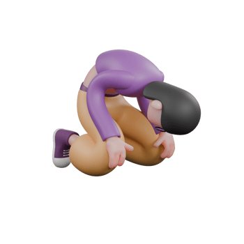3D Dance Star Performer Model. A female dancer kneels on the floor with her head on her knees, hands on her knees with an expression full of sadness. Animated Character png