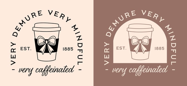Very demure mindful caffeinated coffee corporate girlie black coquette aesthetic trendy girl quotes retro cute takeaway cup bow ribbon drawing shirt design vector