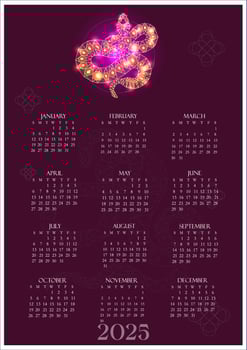 Happy new year 2025, year of the snake, Full calendar. calendar 2025. text 2025. Red modern style. Happy New Year. design template All month and weekdays vector