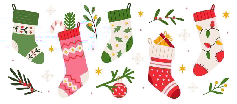 Set of colorful decorated christmas socks. Christmas stocking, sock shaped bags for winter holidays design. Flat illustration isolated on white background. vector