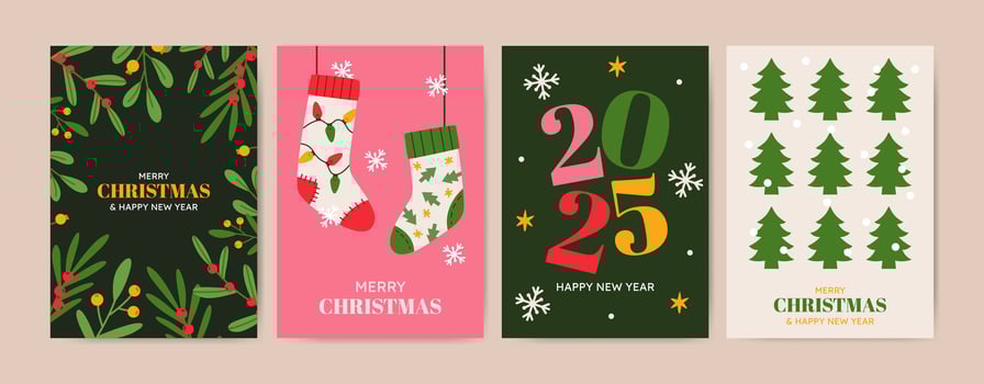 Merry Christmas greeting card Set. Xmas design with festive elements. Hand drawn illustration for season banner, poster, cover. vector
