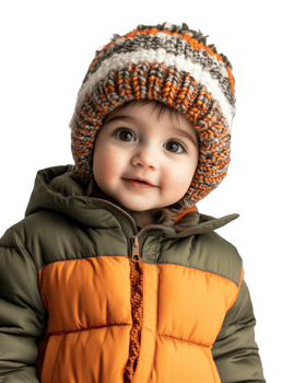 Cute baby boy in olive puffer jacket and knitted hat smiles against a light png