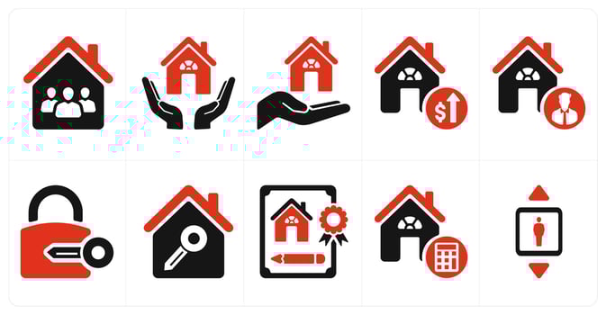 A set of 10 Real Estate icons as family home, home insurance, home loan vector