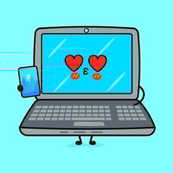 Laptop in love character. hand drawn cartoon kawaii character illustration icon. Isolated on blue background. Laptop character concept vector