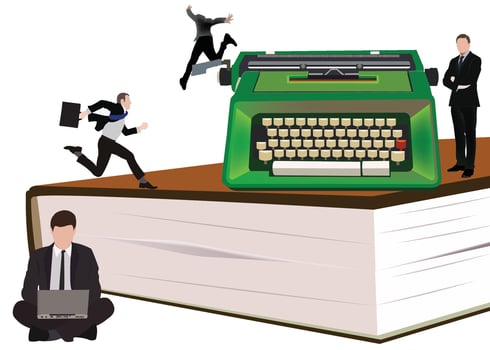 A group of people are running around a typewriter vector