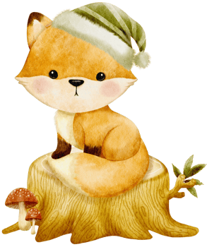 Watercolor fox sitting on tree stump and wearing green winter hat png