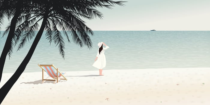 Minimalist seascape with silhouette palm trees, beach chair and a woman at the beach graphic illustration have blank space. vector