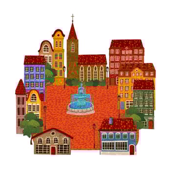 Colorful Textured Illustration of City Square with Fountain Isolated on White Background vector