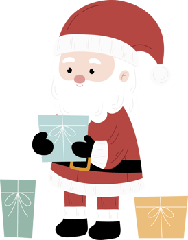 santa claus holding and surrounded by gifts png
