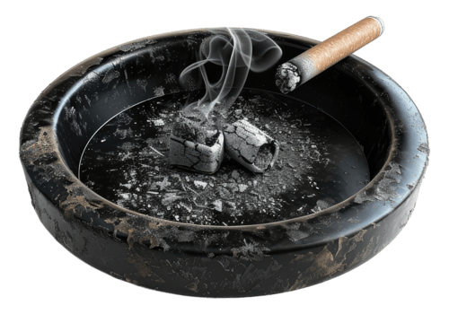 A cigarette in a black ashtray with smoke coming out png