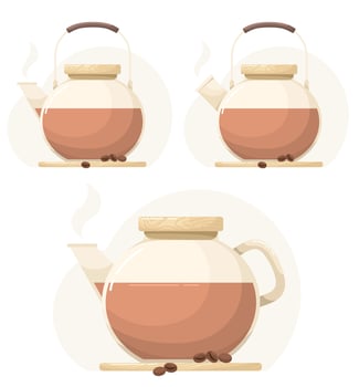 Glass coffee pots with coffee. Drink in tableware, flat style. vector
