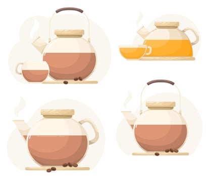 Coffee pots and glass teapots with coffee and sea buckthorn tea. Flat isolates of dishes with drinks. vector