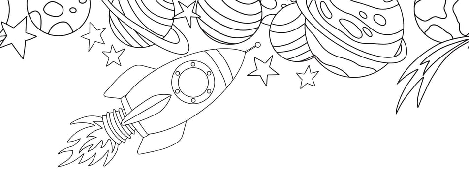 Seamless border with space rocket, planets and astronaut. Coloring book in doodle style vector