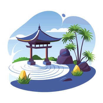 A flat illustration of a serene Japanese garden with a traditional pagoda view vector