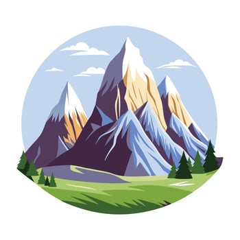 A flat illustration of a snow mountain range with a serene lake in the foreground vector