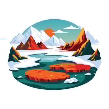 A flat illustration of a stunning mountain view with a serene lake reflecting the majestic peaks vector
