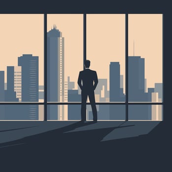 Silhouette of a businessman standing in front of a large window vector