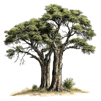 Hand drawn illustration of African trees including acacias and baobabs in a dry landscape png