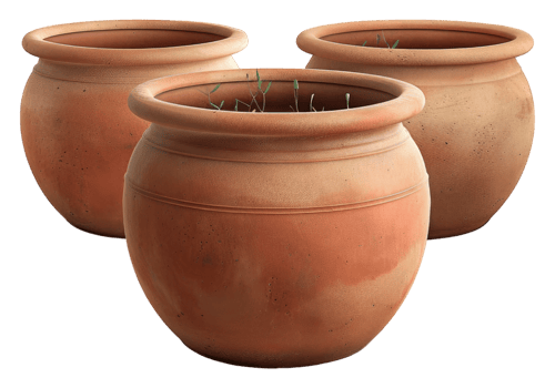 Three clay pots with grass growing in them png
