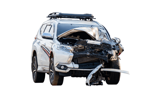 Car crash, Full body front and side view of white car get damaged by accident on the road. damaged cars after collision. Isolated on transparent background. File png
