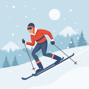 Male character on skis on mountain winter landscape background. Winter sport, outdoor sport activity. Flat illustration vector