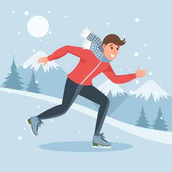Male character skating on ice on winter landscape background. Winter sport, outdoor sport activity. Flat illustration vector