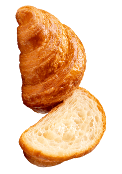 Top view of delicious brown croissant with half in stack isolated with clipping path in file format png