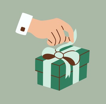 Hand unwrapping a green gift box with a mint ribbon in flat style. Simple and festive illustration for Christmas, holiday cards, promotions, or seasonal decorations. vector