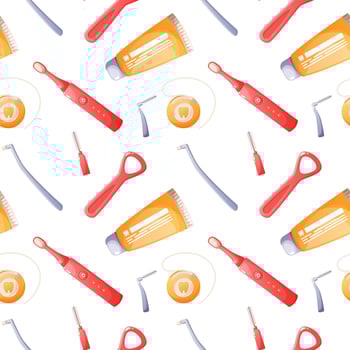 Seamless pattern of dental care set, oral hygiene products. Toothpaste, electric toothbrush, dental floss, interdental brushes, tongue depressor. Dental care, teeth cleaning. Repeating pattern. vector