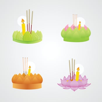 set Krayong lantern lotus flower incense candle for Loy Kratong festival asia thailand illustration clip art isolate vector