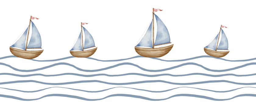 Ship is sailing on the waves for baby. Watercolor illustration of nautical seamless border for childish design. Pattern with little sailboat in pastel blue and beige colors. Frame for kids banner. png