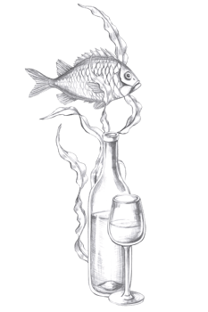Vertical composition with fish and glass of wine. Isolated pencil graphic illustration for postcards, textiles, restaurant decoration, invitations to a sea party, png