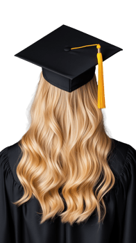 Female graduate with cap, blonde wavy hair and gown on transparent background png