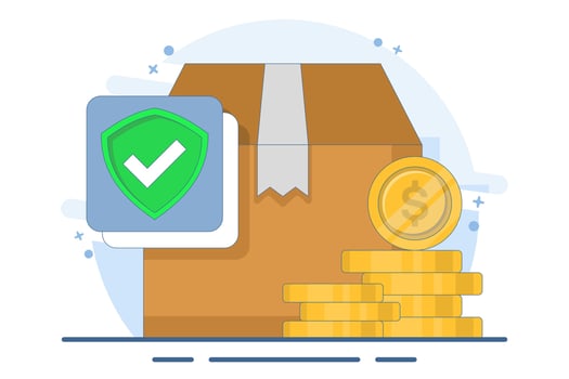 Concept of cargo delivery and financial guarantee protection of parcel transportation, concept of protective shield of logistics courier service. Flat illustration on background. vector