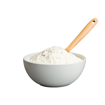 White ceramic bowl filled with flour and wooden spoon on transparent background png