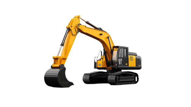 Small construction excavator vehicle in yellow and black on transparent background png