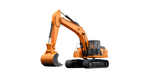 Large orange construction excavator with black treads on transparent background png