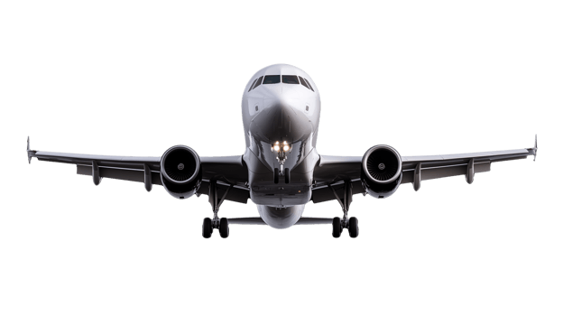 Head-on view of an airplane approaching for landing on transparent background png