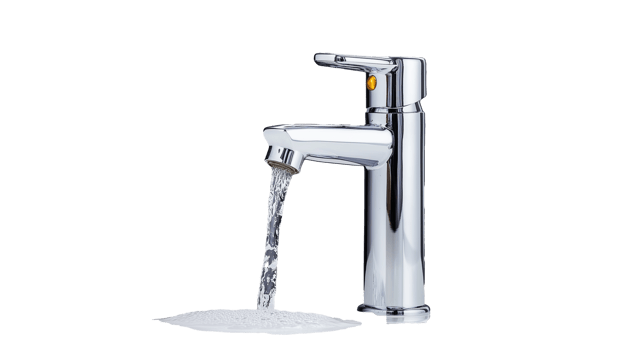 Shiny silver faucet with water running on transparent background png