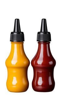 Two squeeze bottles for sauces in red and yellow isolated on transparent background png