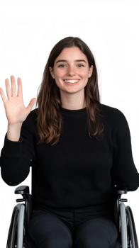 Woman in black sweater seated in wheelchair, raising hands on transparent background png