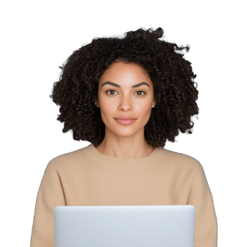 Woman with natural curly hair wearing beige sweater on transparent background png
