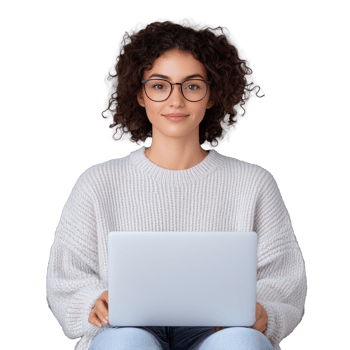 Smiling woman with curly hair in gray sweater holding laptop on transparent background png