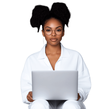Woman with curly hairstyle and glasses working on laptop on transparent background png