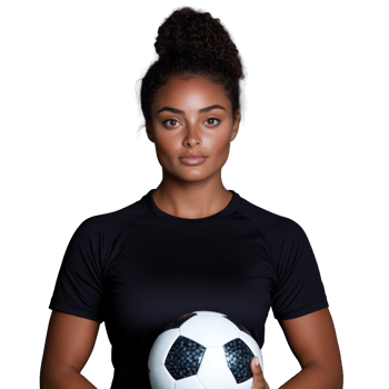 Woman in black athletic top holding soccer ball on transparent background png
