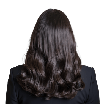Back view of woman with long, wavy dark hair on transparent background png