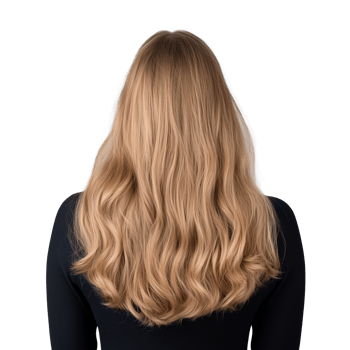 Woman with long blonde wavy hair, back view on transparent background png